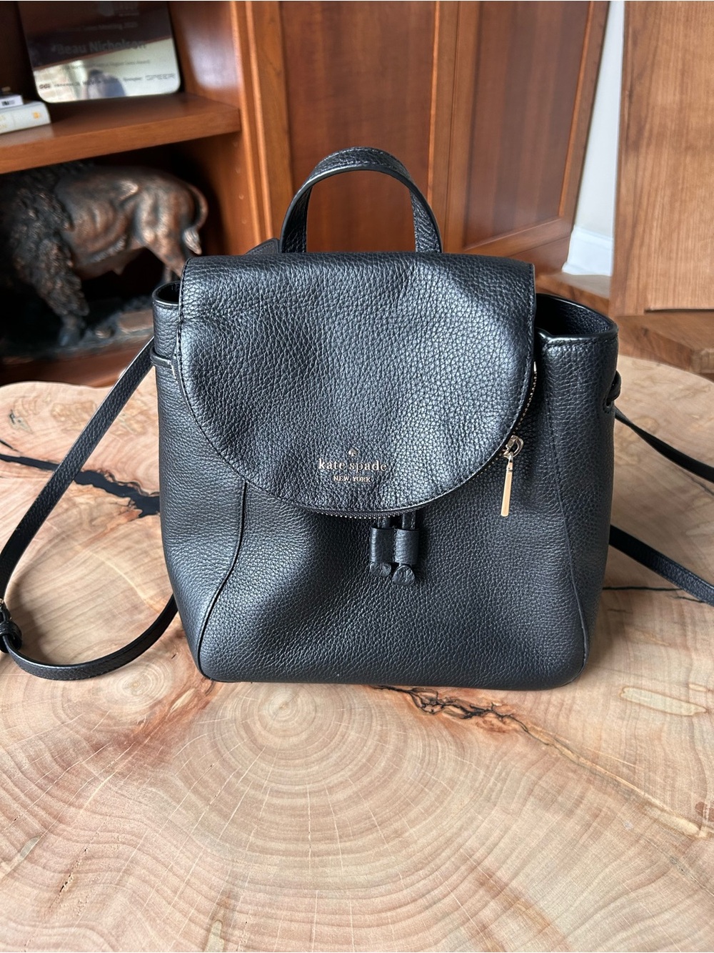 kate spade Black Pebbled Leather Mini Backpack with Gold Hardware